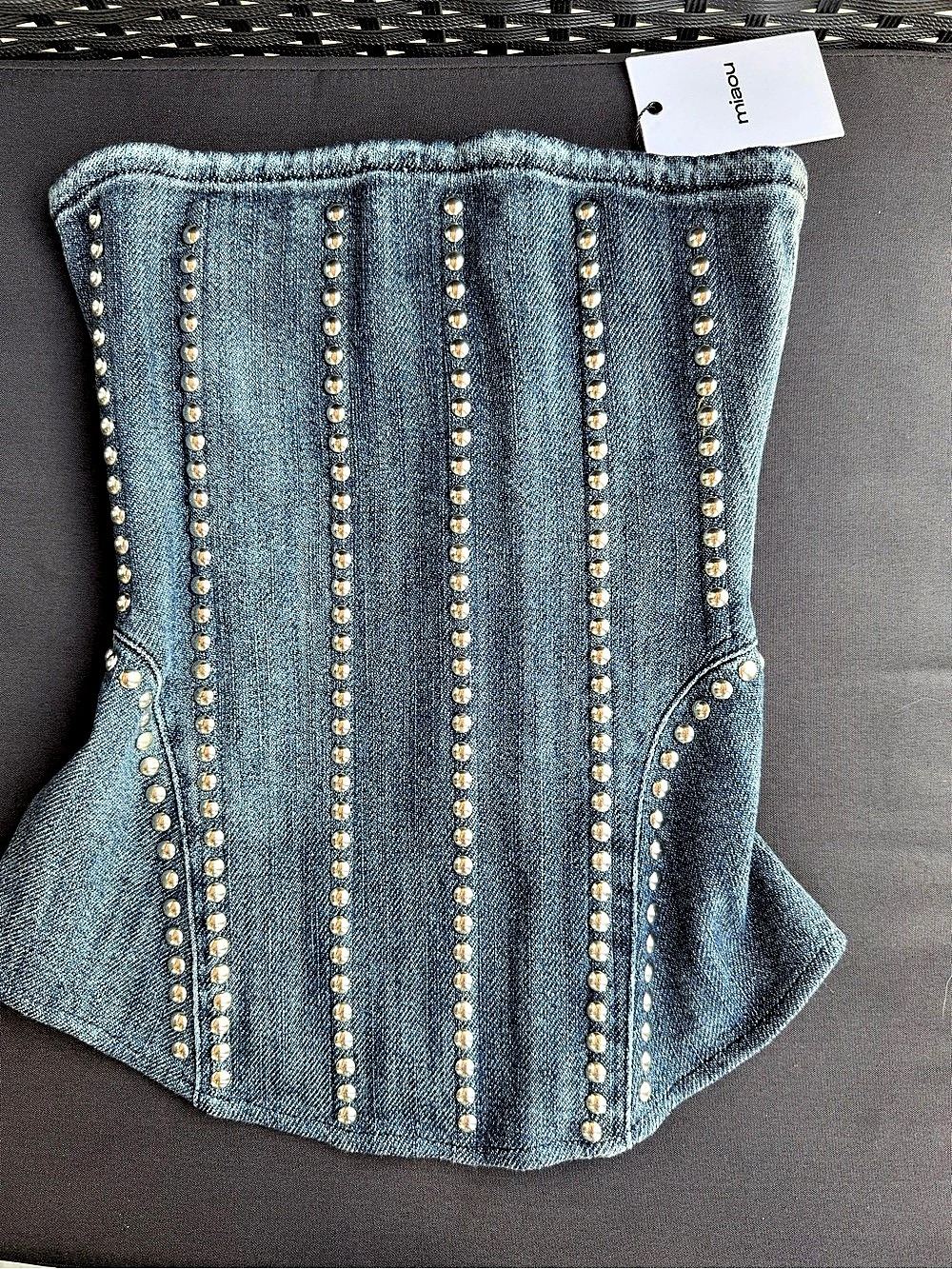 Miaou Studded Denim Corset Top in Blue
